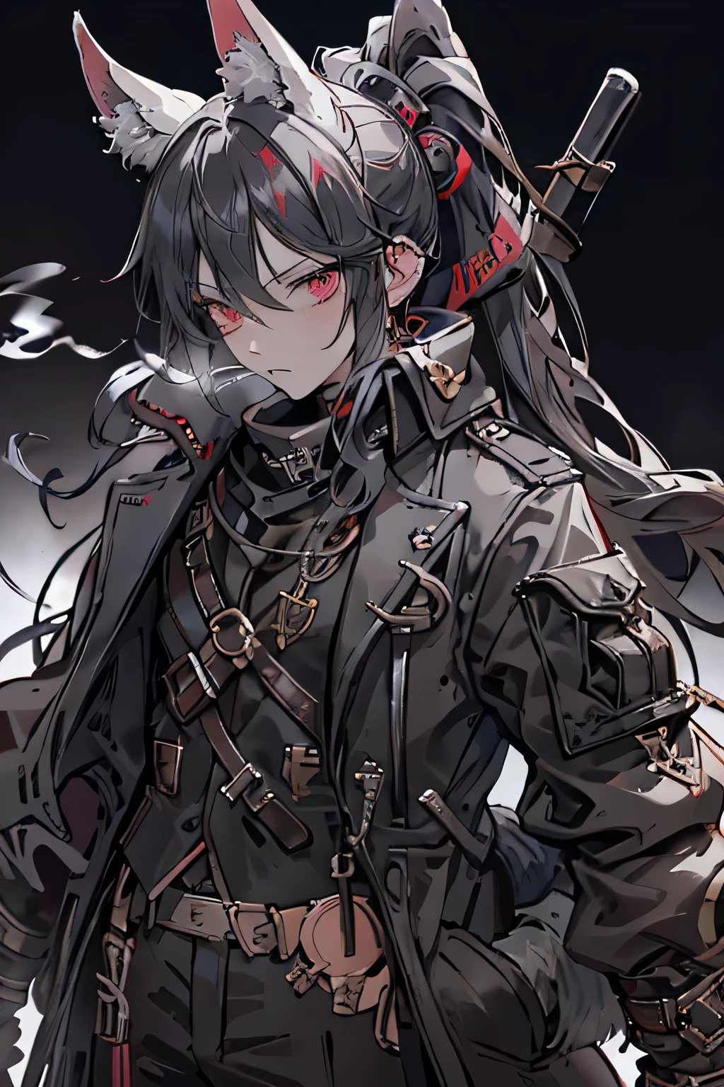 Wolf Ears, Wolf Tail, (Male), solo, Red right eye and grey heterochromatic left eye, trenchcoat, pirate attire, black hair, ponytail, boy, tricorn hat, smoking