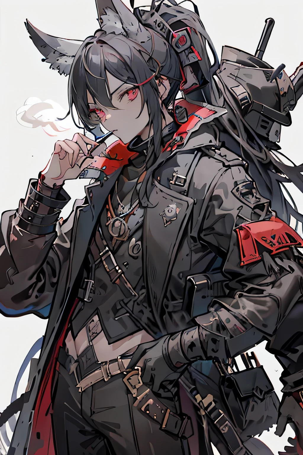 Wolf Ears, Wolf Tail, (Male), solo, Red right eye and grey heterochromatic left eye, trenchcoat, pirate attire, black hair, ponytail, boy, tricorn hat, smoking