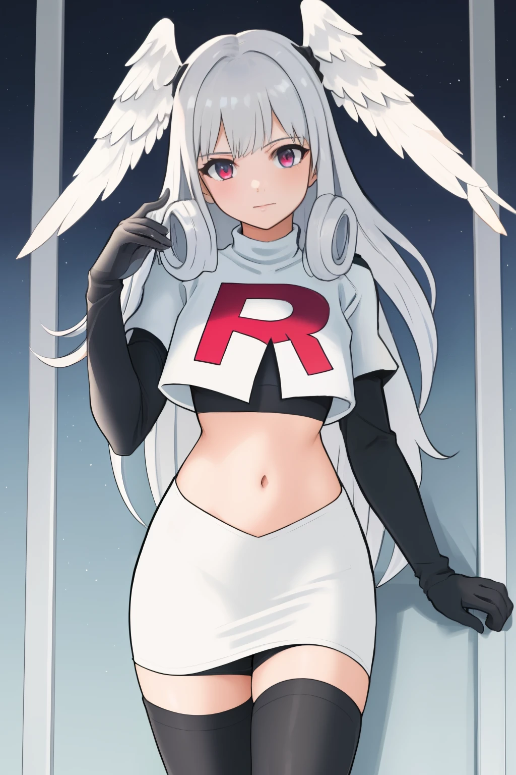 masterpiece, best quality, highly detailed, 1girl, solo,  meliaxc3 head wings, team rocket,team rocket uniform,white skirt,red letter R,crop top,black thigh-highs,black elbow gloves