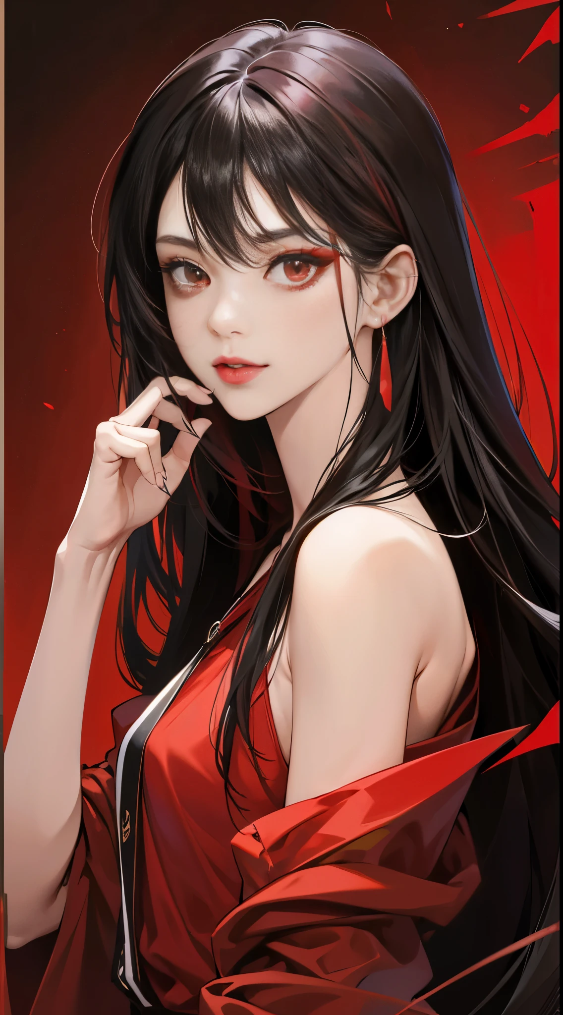 (Best Quality,4K,High resolution),Red highlights on black hair、Woman with long straight hair、sharp eye、Red Eyes、glares、Eyes aiming at prey、Red Eyeliner、red-lips、ssmile、Facial do-up、No unnecessary depictions on an all-black background
