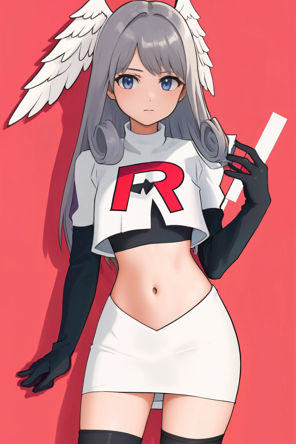 masterpiece, best quality, highly detailed, 1girl, solo,  meliaxc3 head wings, team rocket,team rocket uniform,white skirt,red letter R,crop top,black thigh-highs,black elbow gloves