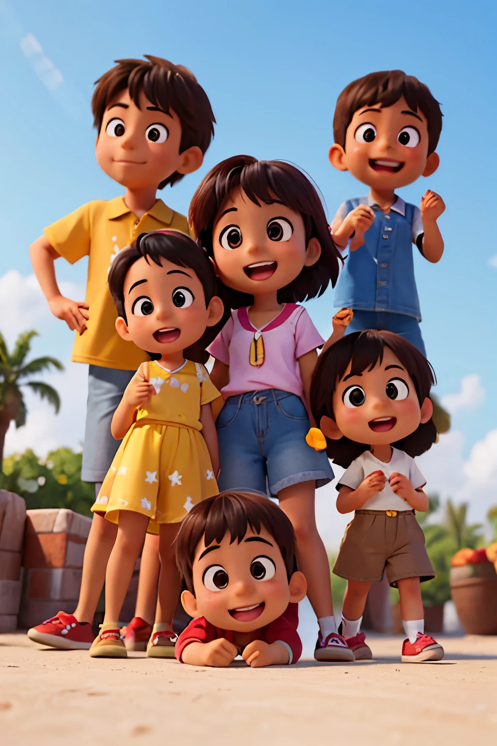 5 children of different ethnicities of the same age , estilo pixar, 5 anos, brincando, estudando, felizes e sorrindo, ultrarealista, 4k, realista, foco ajustado