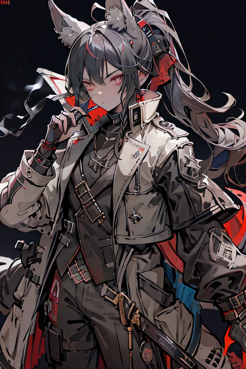 Wolf Ears, Wolf Tail, (Male), solo, Red right eye and grey heterochromatic left eye, trenchcoat, pirate attire, black hair, ponytail, boy, tricorn hat, smoking