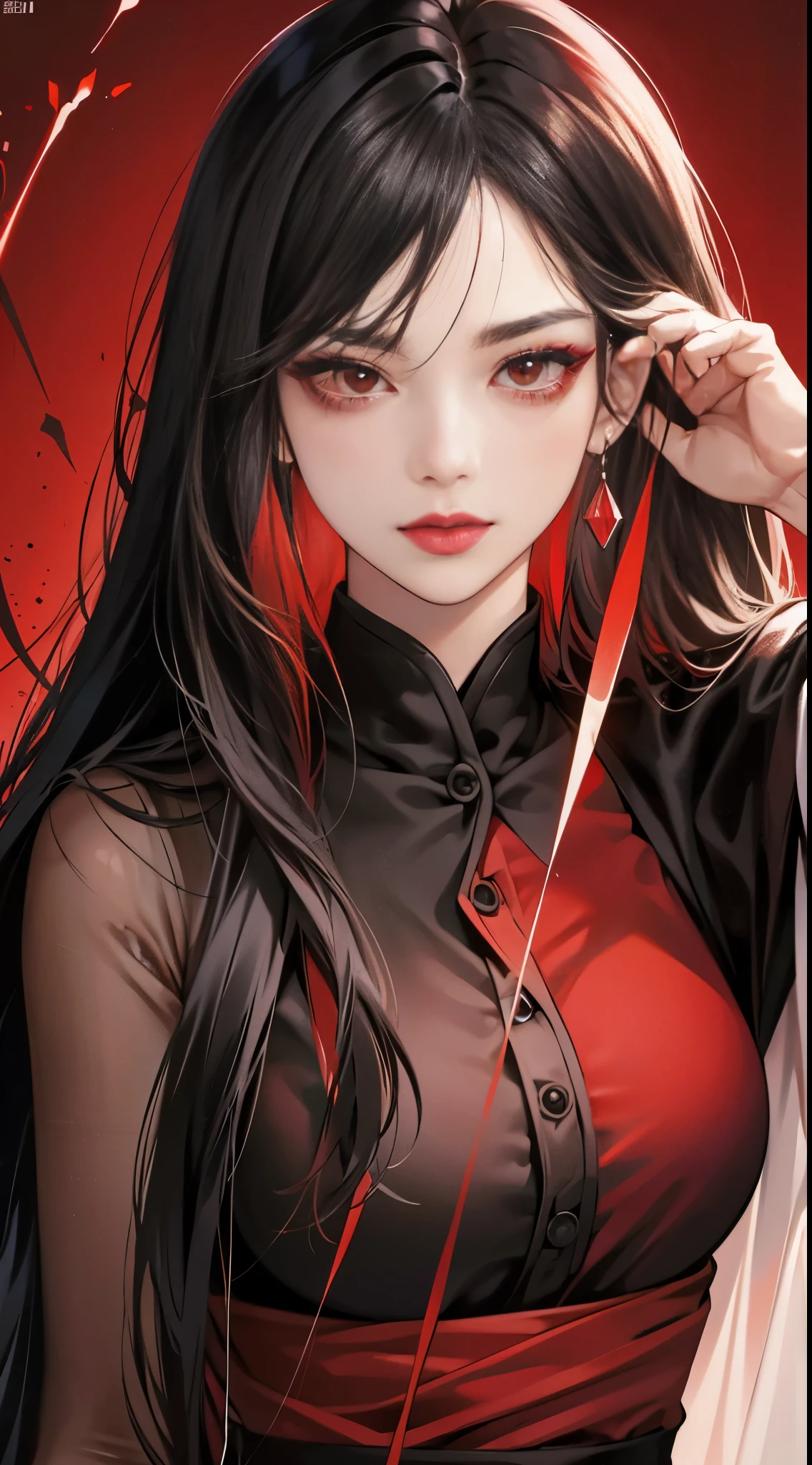 (Best Quality,4K,High resolution),Red highlights on black hair、Woman with long straight hair、sharp eye、Red Eyes、glares、Eyes aiming at prey、Red Eyeliner、red-lips、ssmile、Facial do-up、No unnecessary depictions on an all-black background