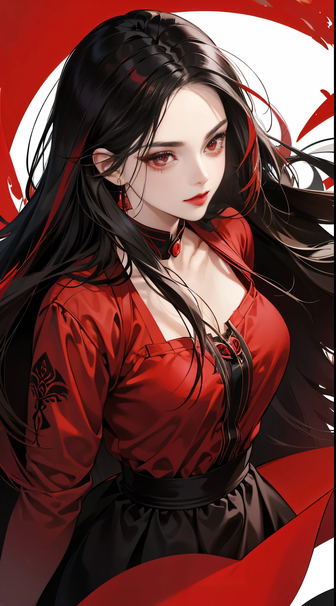 (Best Quality,4K,High resolution),Red highlights on black hair、Woman with long straight hair、sharp eye、Red Eyes、glares、Eyes aiming at prey、Red Eyeliner、red-lips、ssmile、Facial do-up、No unnecessary depictions on an all-black background
