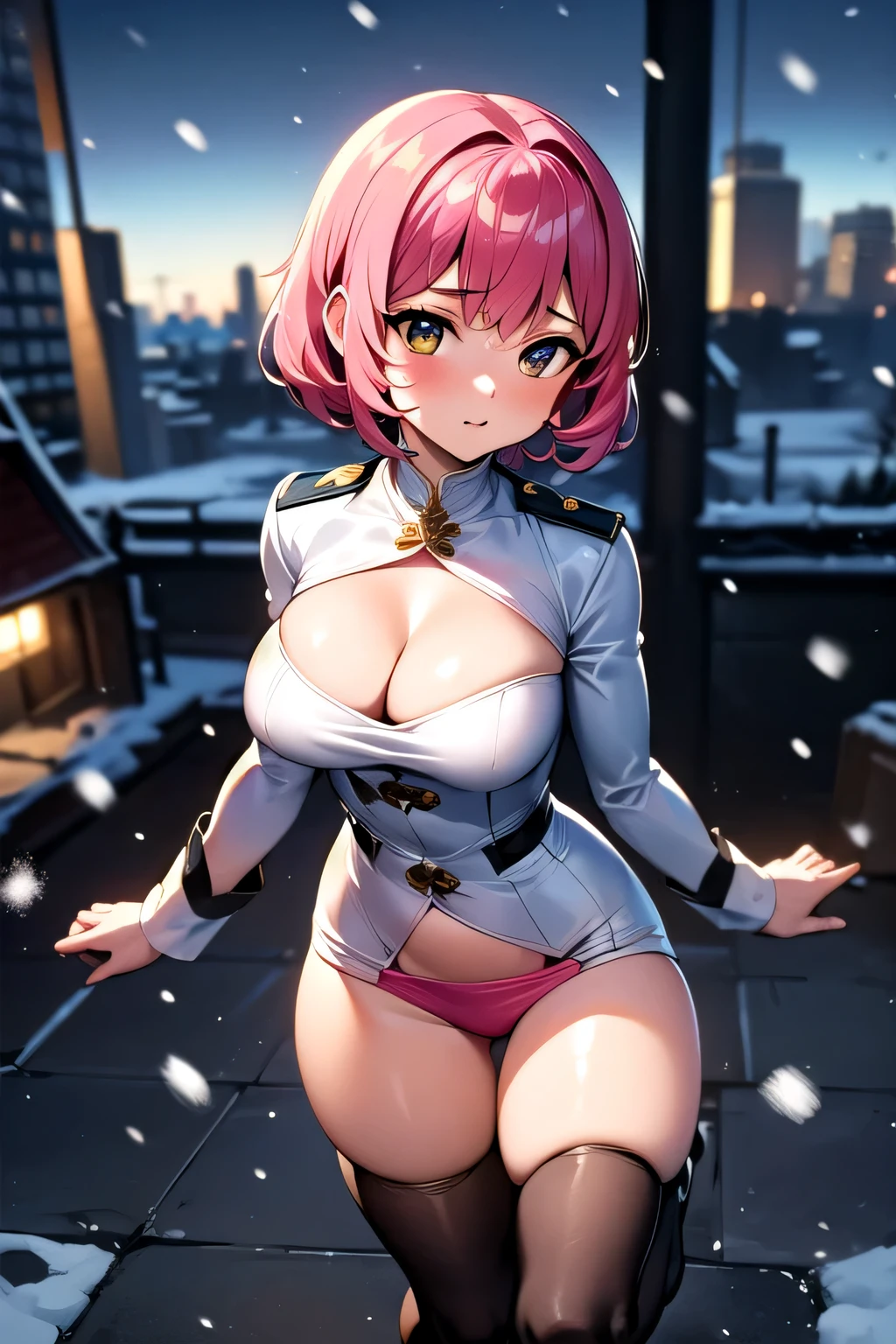 ((melhor qualidade)), ((obra de arte)), (4k)), ((UHD)), (detalhado), big , cleavage, military suit, short hair, pink hair, city, snow