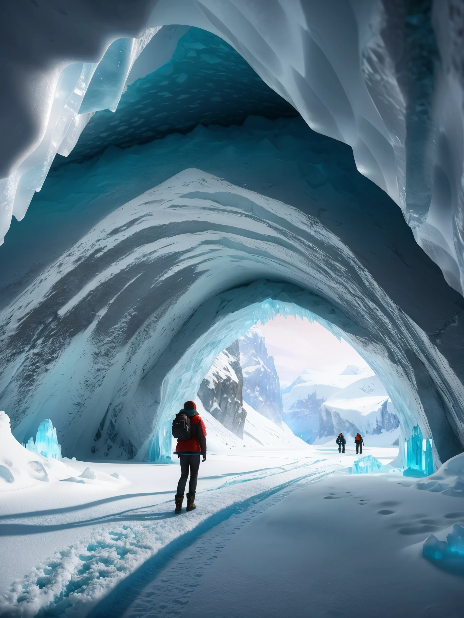 From back, an ultra hot gorgeous woman, age 23, in a tunnel of ice with a mountain in the background, snow cave, ice cave, adventure hyper realistic render, in an icy cavern, by jessica rossier, inspired by jessica rossier, jessica rossier fantasy art, winter concept art, 3d rendered matte painting, global illumination. vfx, in the art style of filip hodas