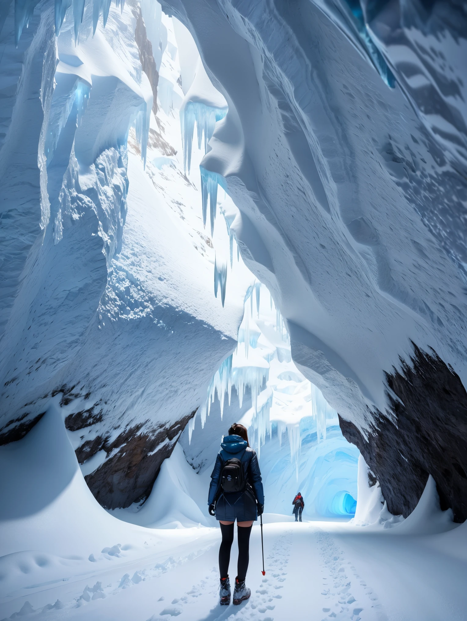 From back, an ultra hot gorgeous woman, age 23, in a tunnel of ice with a mountain in the background, snow cave, ice cave, adventure hyper realistic render, in an icy cavern, by jessica rossier, inspired by jessica rossier, jessica rossier fantasy art, winter concept art, 3d rendered matte painting, global illumination. vfx, in the art style of filip hodas