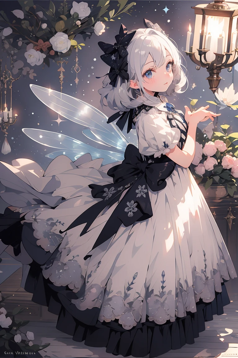 (masterpiece:1.2), best quality,PIXIV,fairy tale girl, 1 girl, silver hair, silver eyes, silver dress, ta fashion, silver theme