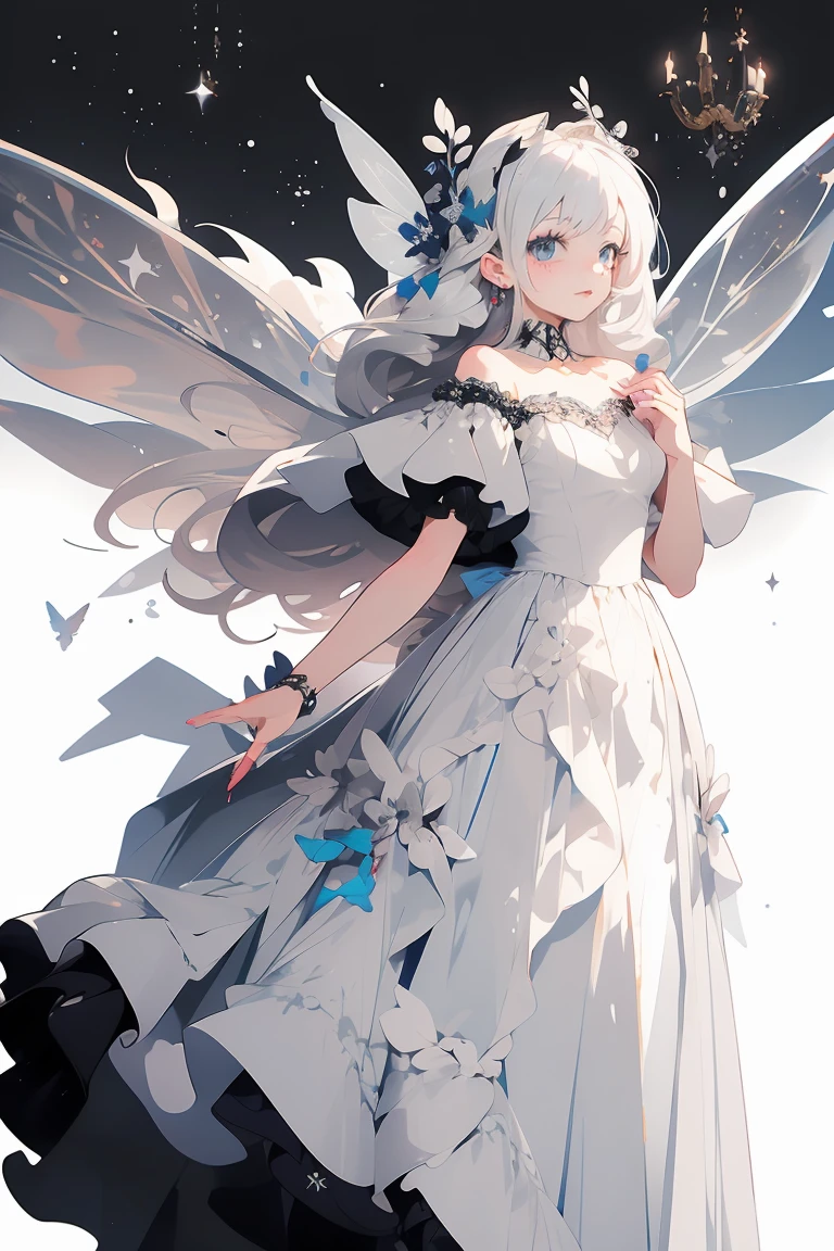 (masterpiece:1.2), best quality,PIXIV,fairy tale girl, 1 woman, white hair, grey eyes, white dress, lolita fashion, white theme, white background