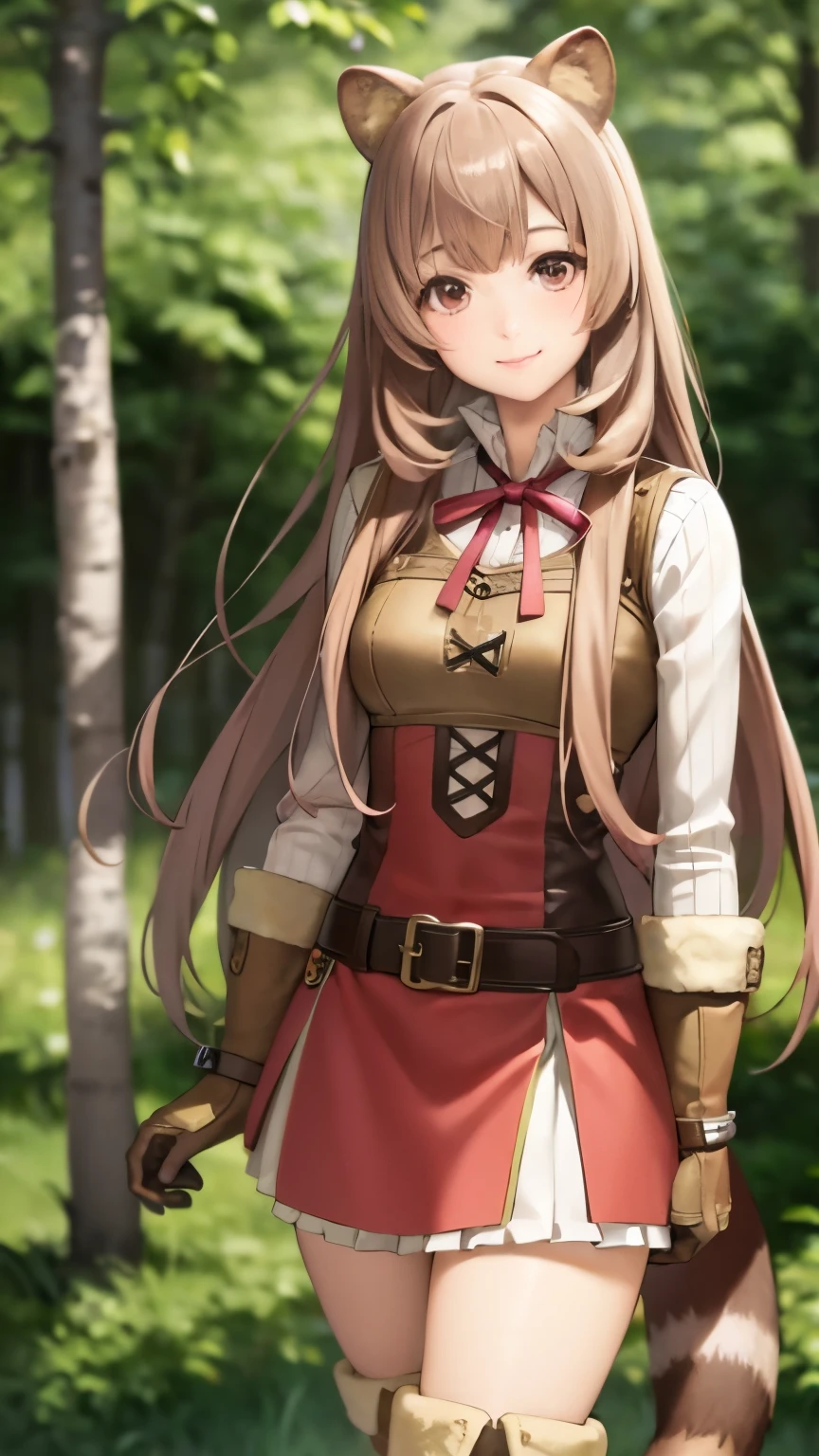 highest quality, rough, 1 girl, raccoon ears, a racoon girl, animal ears, solo, long hair, brown hair, racoon tail, tail, gloves, thigh boots, knee boots, smile, bangs, thighs, thighs, looking at the viewer, full body, brown gloves, belt, long sleeves, Are standing, dress, band, closed mouth, brown shoes, Blogna, 短いdress, zettai ryouiki, red ribbon full definition, (realistic:1.4), masterpiece, blurred background, わずかなsmile, Slightly pink cheeks,in the forest, clear sky