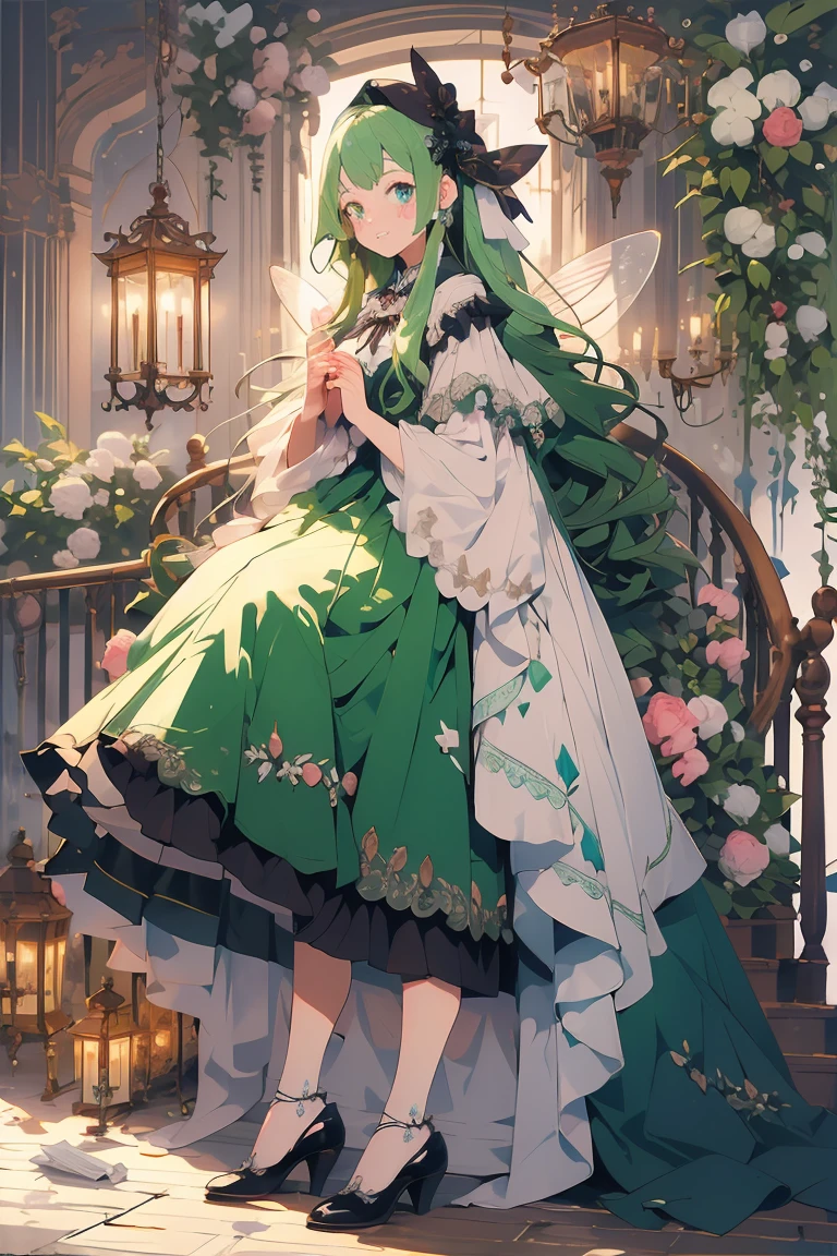 (masterpiece:1.2), best quality,PIXIV,fairy tale girl, 1 girl, green hair, green eyes, green dress, ta fashion