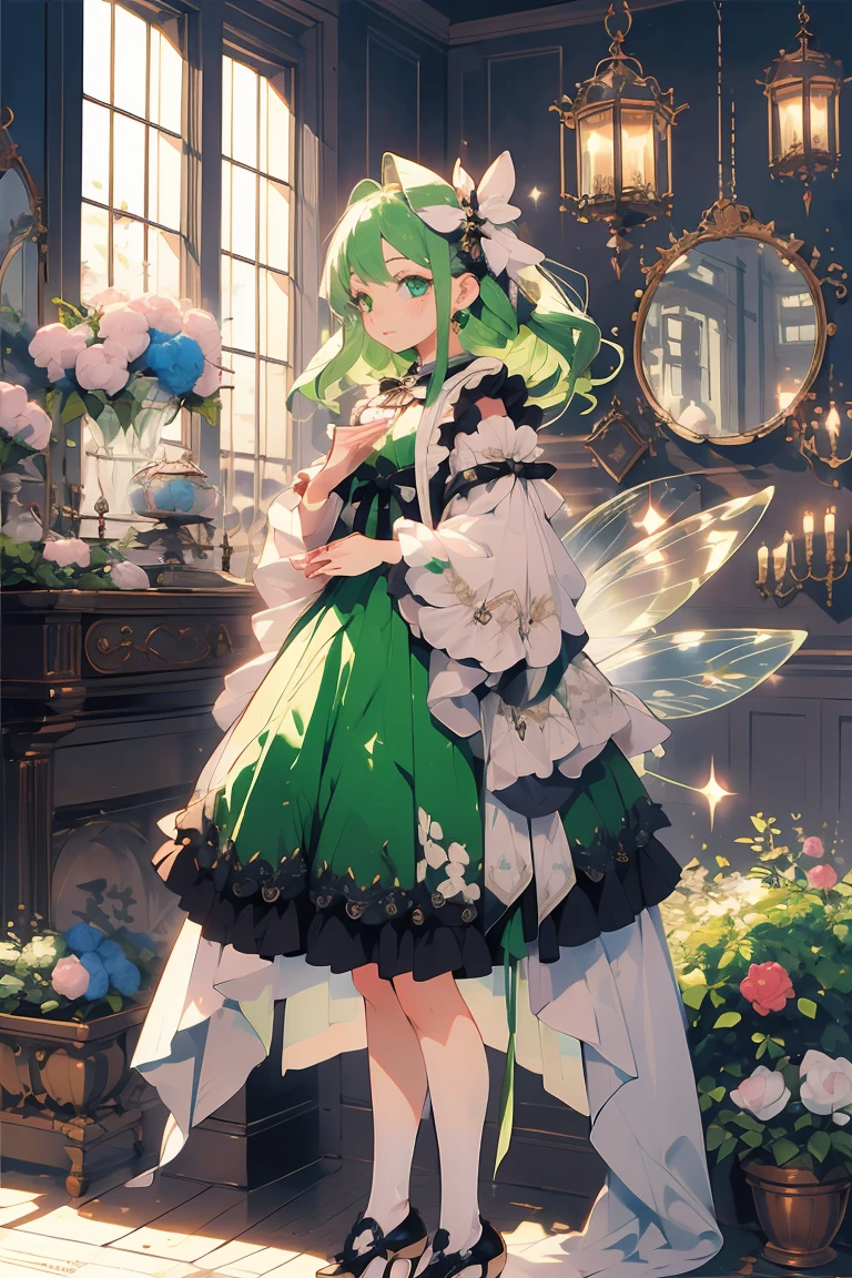 (masterpiece:1.2), best quality,PIXIV,fairy tale girl, 1 girl, green hair, green eyes, green dress, lolita fashion