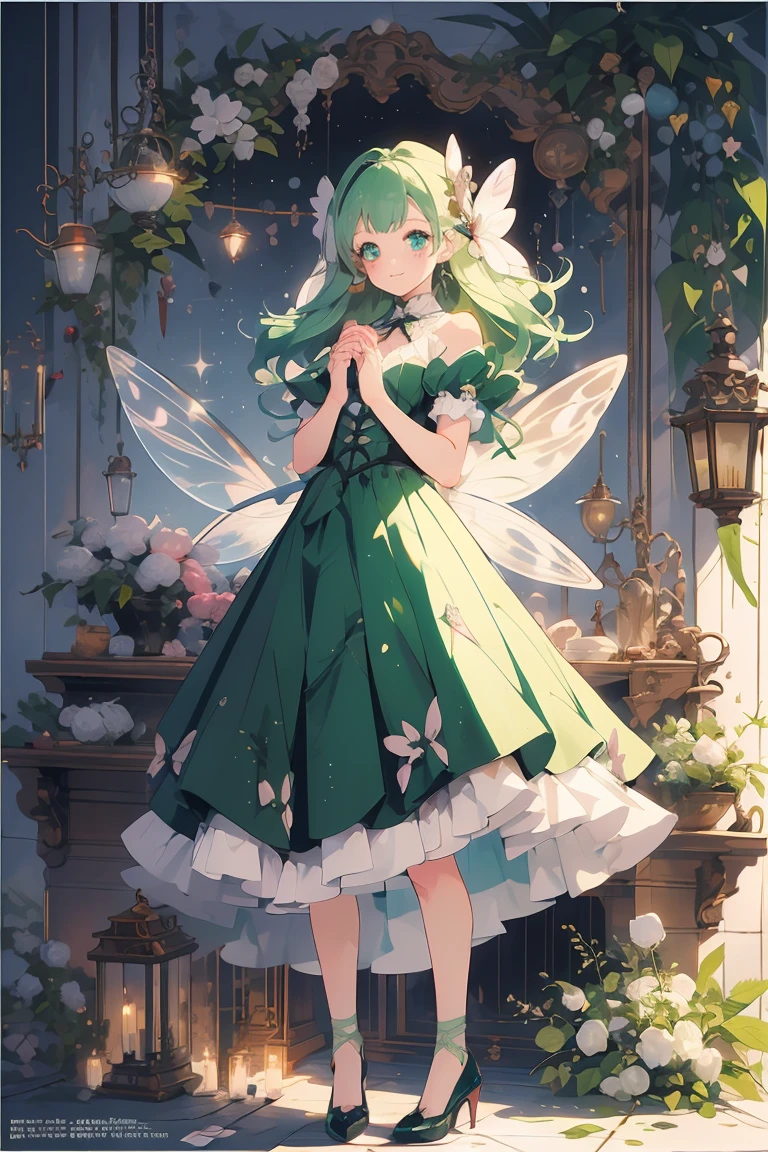 (masterpiece:1.2), best quality,PIXIV,fairy tale girl, 1 girl, green hair, green eyes, green dress, ta fashion