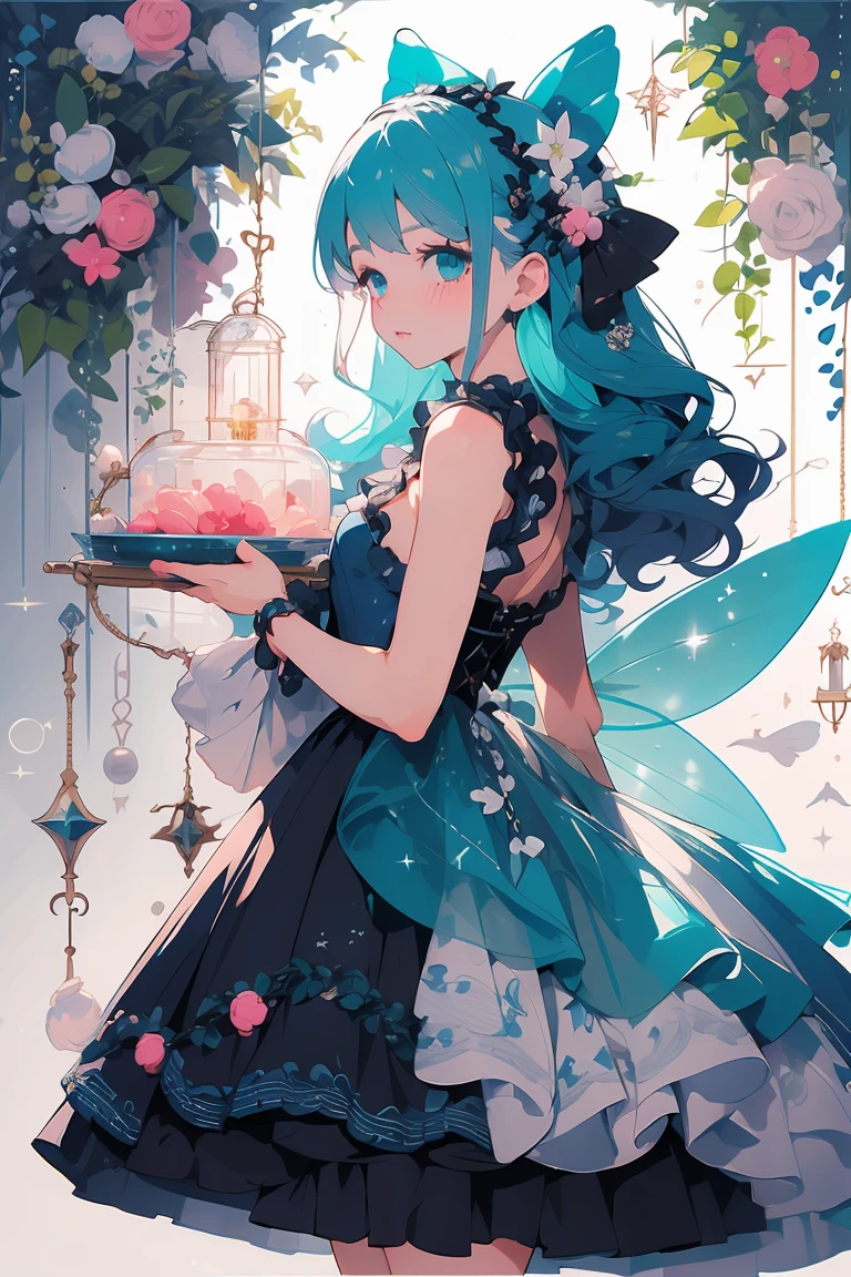 (masterpiece:1.2), best quality,PIXIV,fairy tale girl, 1 girl, teal hair, teal eyes, teal dress, ****ta fashion, teal theme