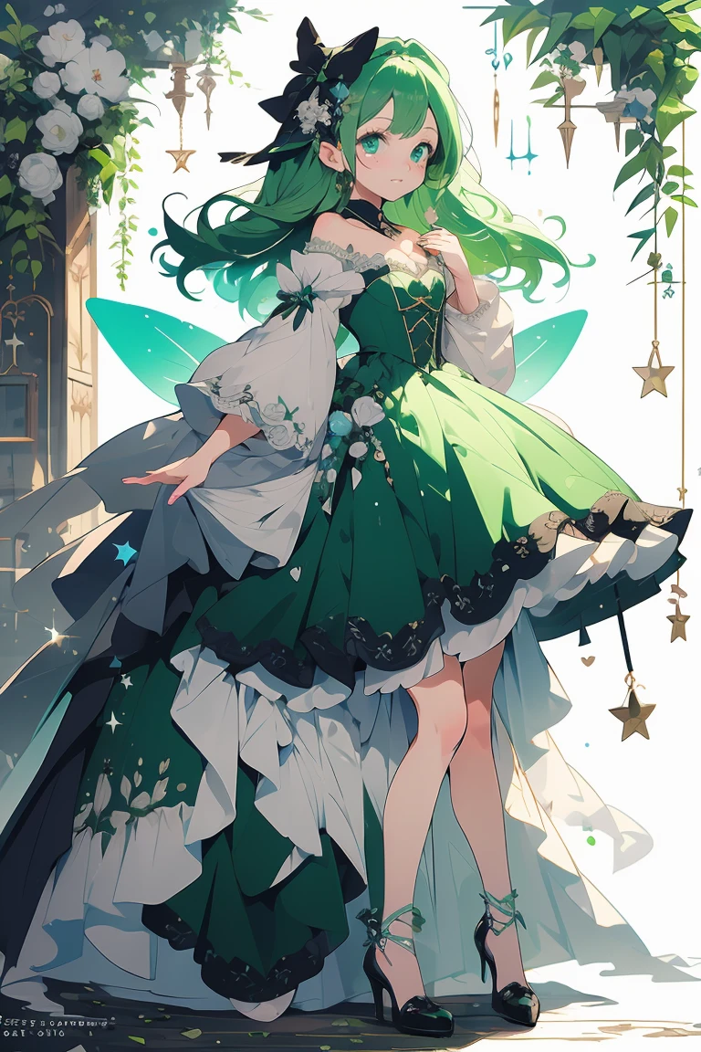 (masterpiece:1.2), best quality,PIXIV,fairy tale girl, 1 girl, green hair, green eyes, green dress, lolita fashion, green theme