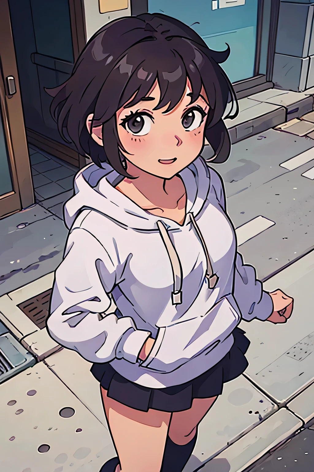 (best quality:0.8) perfect anime illustration, a pretty, happy woman with short curly brown hair on the street in the city, wearing a hoodie, skirt