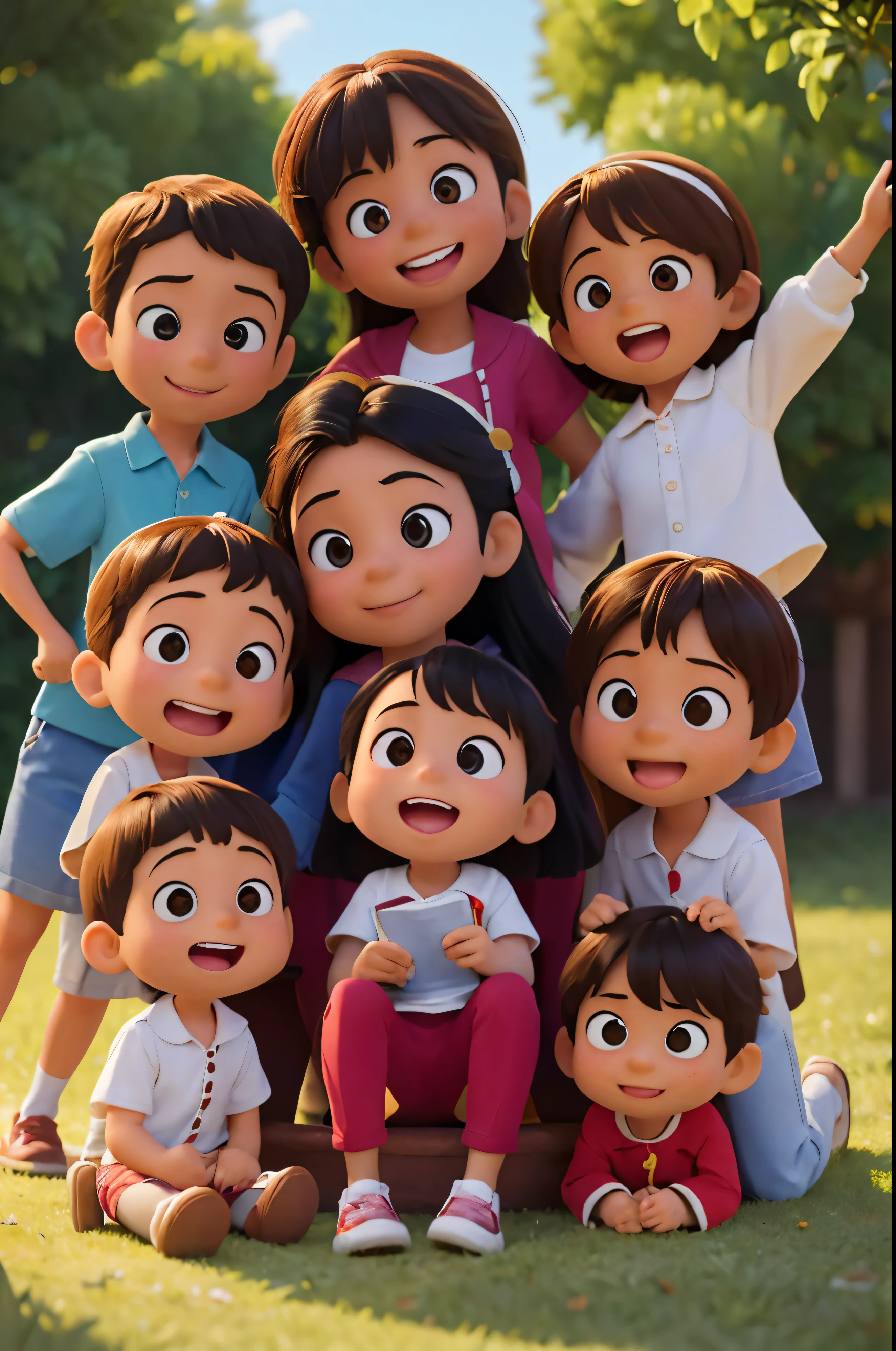 (best quality,4k,ultra-detailed,realistic:1.2),pixar-style children,5 children of different ethnicities same age,playing,studying,happy and smiling,sharp focus,school,studying