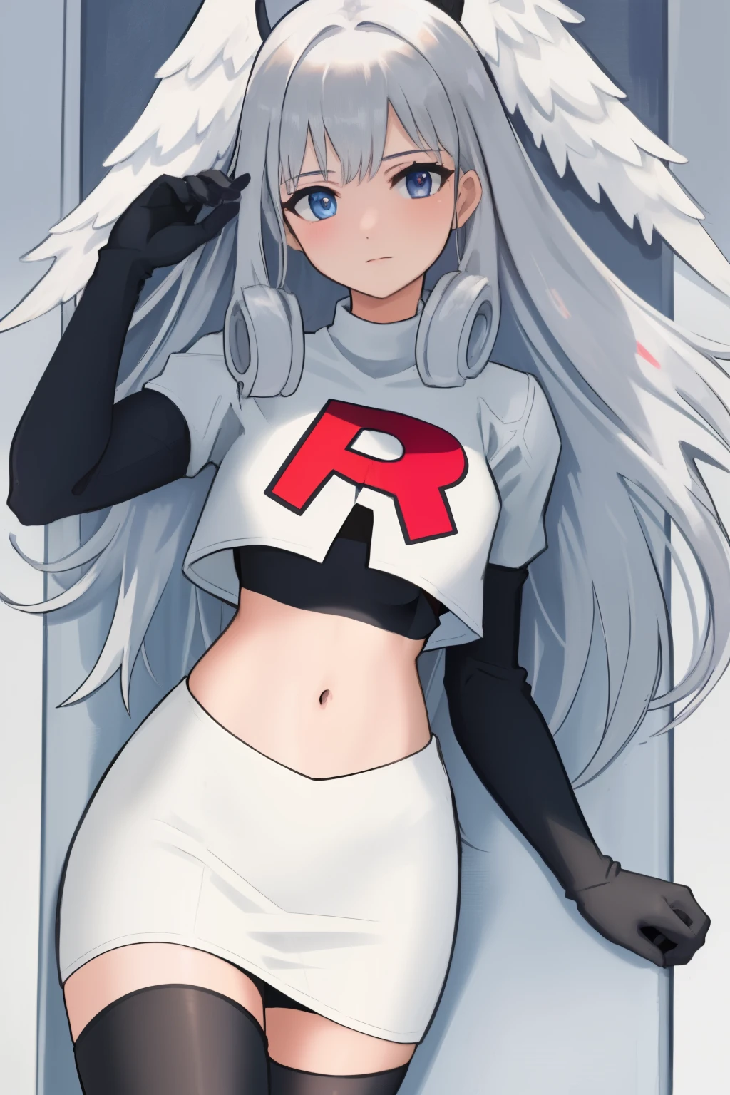 masterpiece, best quality, highly detailed, 1girl, solo, meliaxc3 head wings, team rocket,team rocket uniform,white skirt,red letter R,crop top,black thigh-highs,black elbow gloves