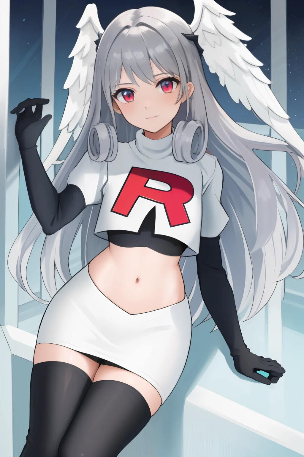 masterpiece, best quality, highly detailed, 1girl, solo, meliaxc3 head wings, team rocket,team rocket uniform,white skirt,red letter R,crop top,black thigh-highs,black elbow gloves