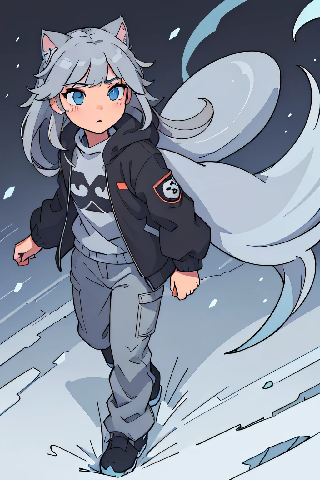 (best quality:0.8) perfect anime illustration, (anthro, fluffy fur), anthro female cat, long hair, cat tail, solo, furry, furry female, (???, gray fur, blue eyes, gray hair:1.2), (trousers, sweater, jacket, black clothes), snow, (detailed background, park, winter)