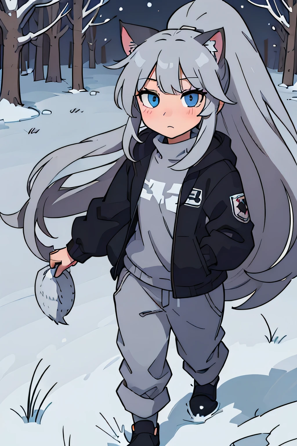 (best quality:0.8) perfect anime illustration, (anthro, fluffy fur), anthro female cat, long hair, cat tail, solo, furry, furry female, (???, gray fur, blue eyes, gray hair:1.2), (trousers, sweater, jacket, black clothes), snow, (detailed background, park, winter)