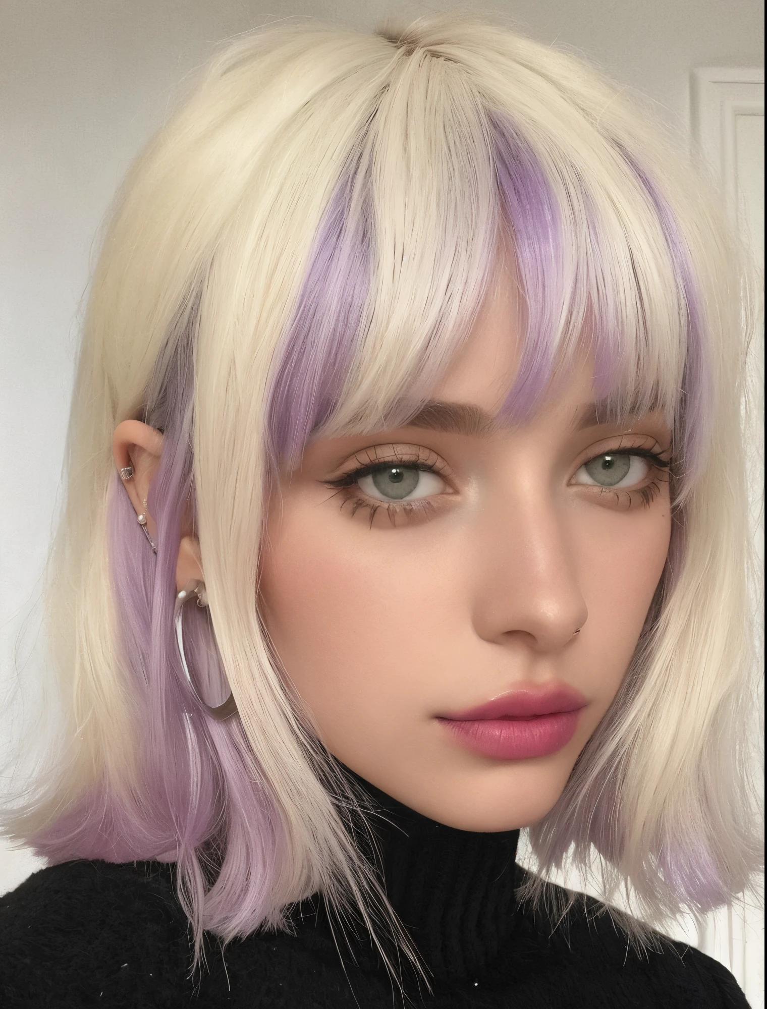 mulher loira com cabelo roxo e piercings posando para uma foto, franja branca, hair franja branca hair, pale skin and purple eyes, cabelo de duas cores, franja de cortina, cabelos brancos e fringy, tintura de cabelo de dois tons, cabelo pastel, cabelo roxo curto, lilac hair, franja branca, metade & metade hair dye, detalhes roxos sutis, cabelo claro, branqueado