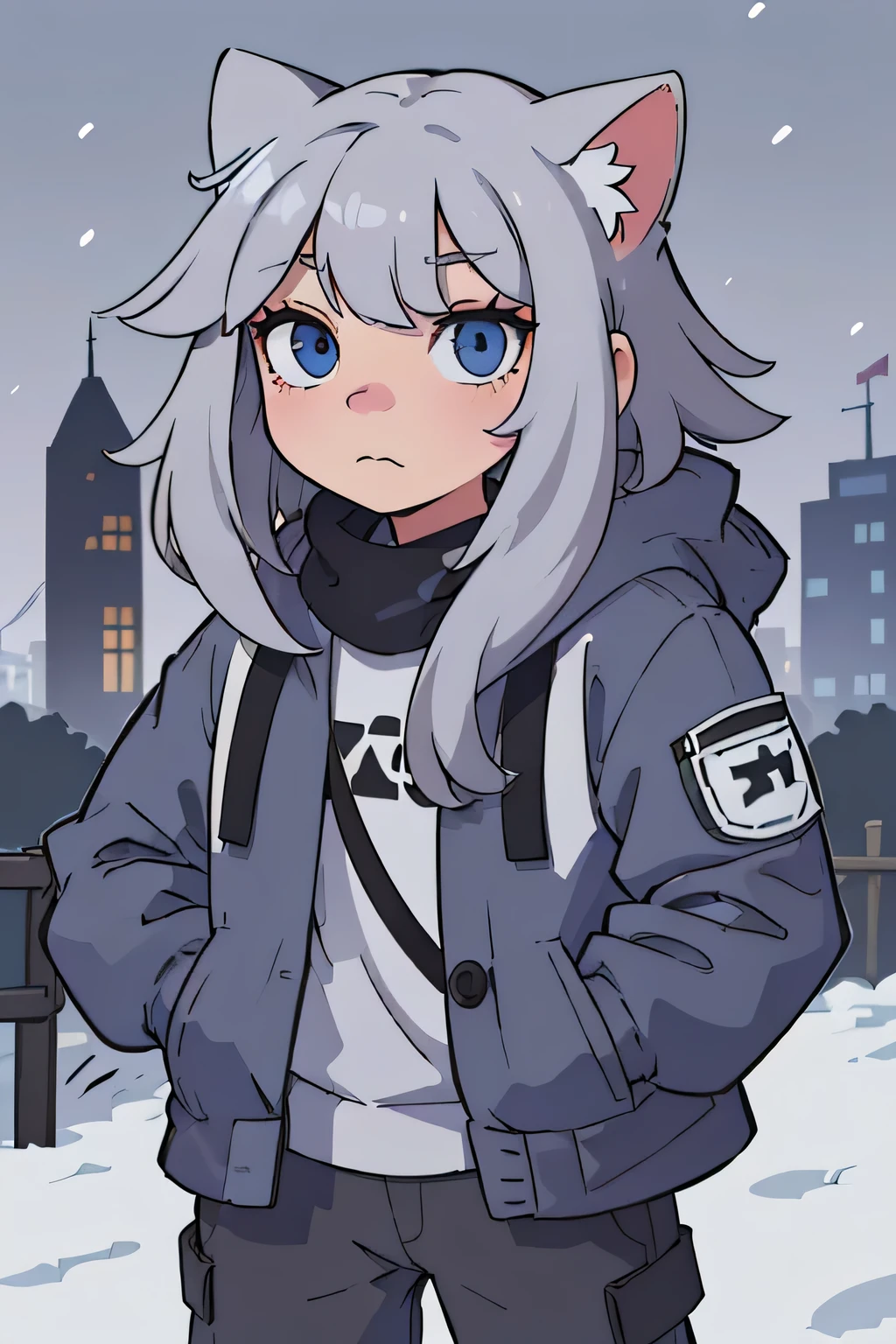 (anthro, fluffy fur), anthro female cat, long hair, cat tail, solo, furry, furry female, (???, gray fur, blue eyes, gray hair:1.2), (trousers, sweater, jacket, black clothes), snow, (detailed background, park, winter)
