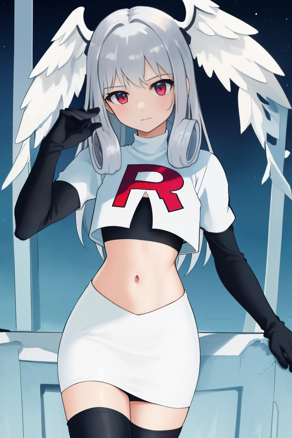 masterpiece, best quality, highly detailed, 1girl, solo,  meliaxc3 head wings, team rocket,team rocket uniform,white skirt,red letter R,crop top,black thigh-highs,black elbow gloves