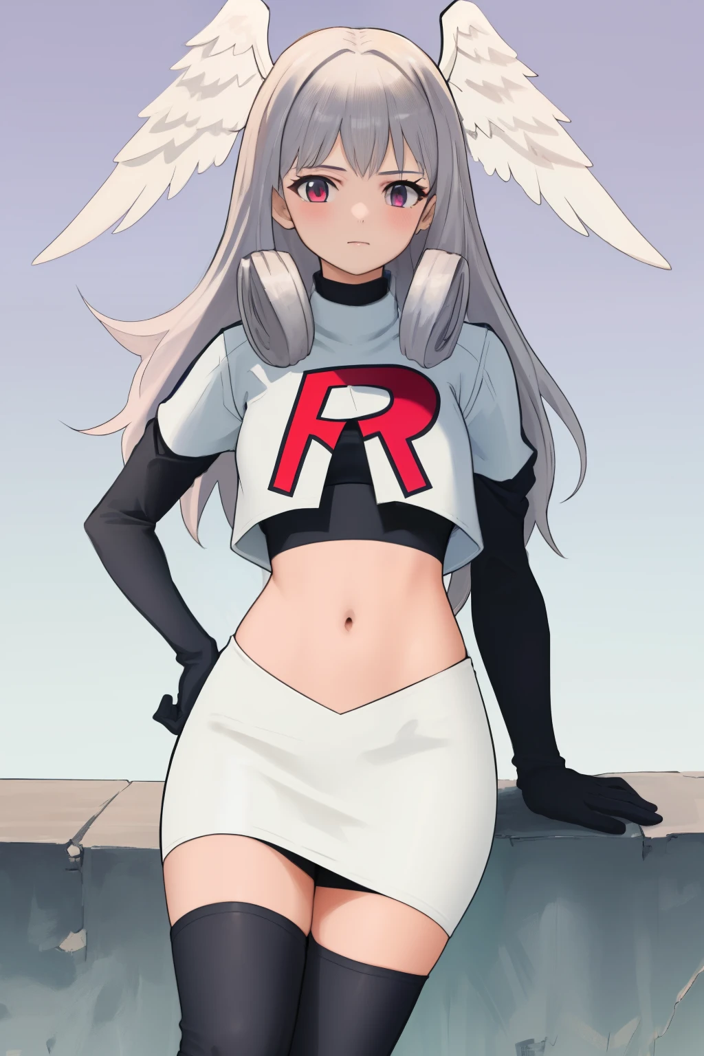 masterpiece, best quality, highly detailed, 1girl, solo,  meliaxc3 head wings, team rocket,team rocket uniform,white skirt,red letter R,crop top,black thigh-highs,black elbow gloves