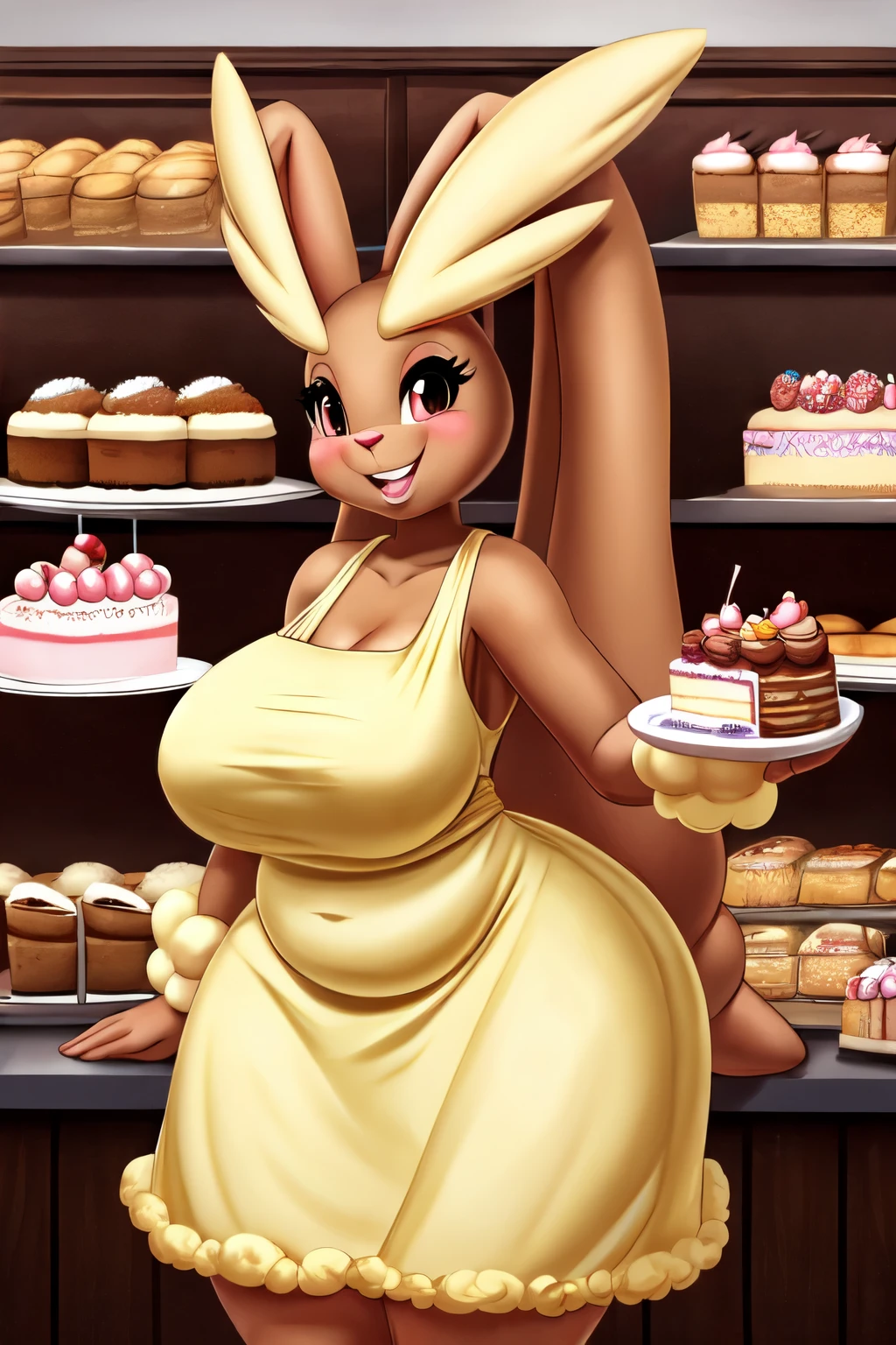 Lopunny, fat, big belly, big breasts, wide hips, huge butt, huge ears, brown fur, nice dress, girly, cake, bakery, smiling