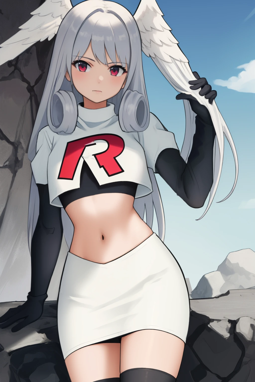 masterpiece, best quality, highly detailed, 1girl, solo,  meliaxc3 head wings, team rocket,team rocket uniform,white skirt,red letter R,crop top,black thigh-highs,black elbow gloves