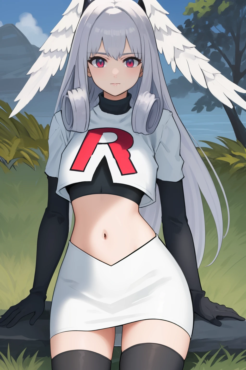 masterpiece, best quality, highly detailed, 1girl, solo,  meliaxc3 head wings, team rocket,team rocket uniform,white skirt,red letter R,crop top,black thigh-highs,black elbow gloves