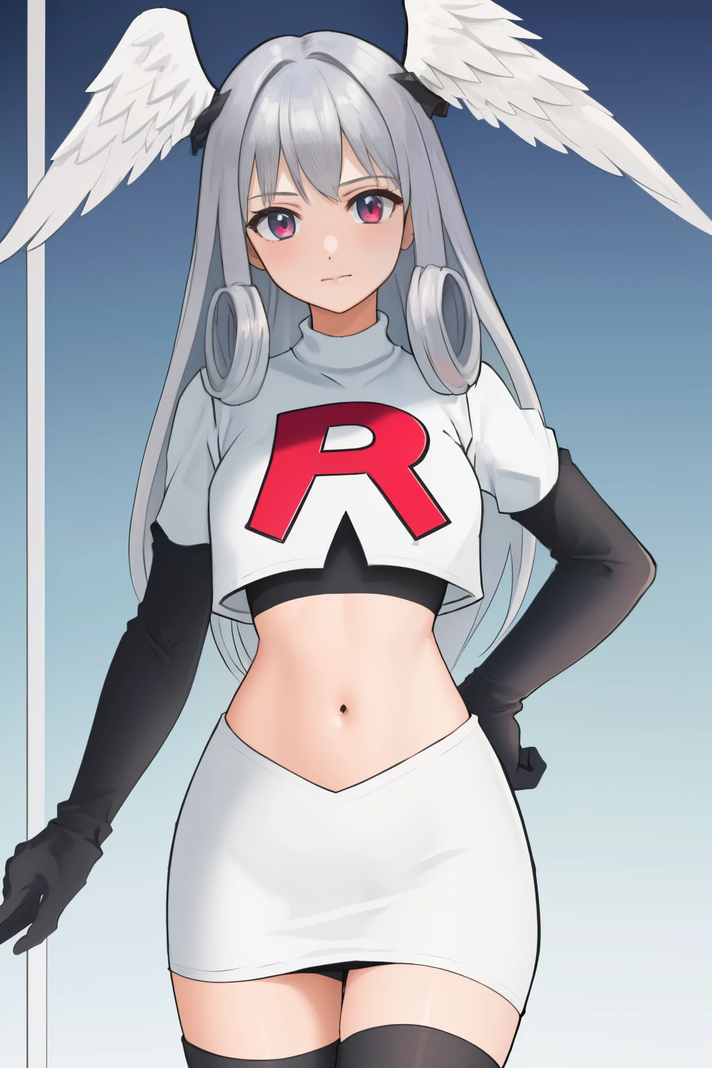 masterpiece, best quality, highly detailed, 1girl, solo, meliaxc3 head wings, team rocket,team rocket uniform,white skirt,red letter R,crop top,black thigh-highs,black elbow gloves