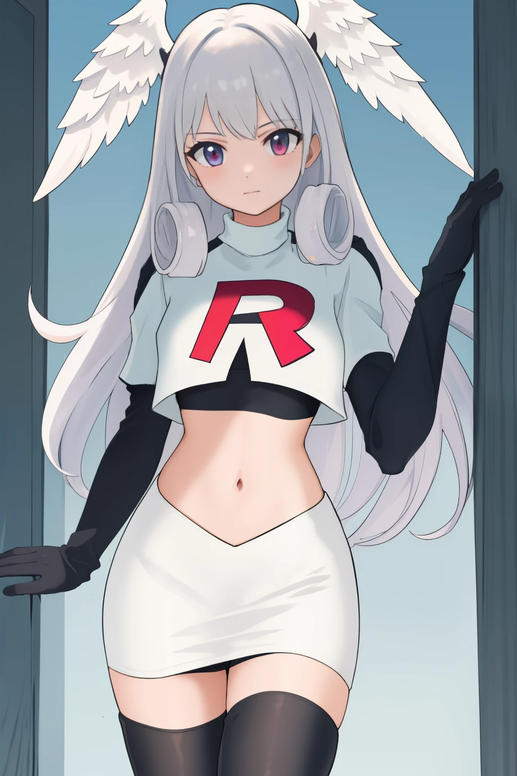 masterpiece, best quality, highly detailed, 1girl, solo,  meliaxc3 head wings, team rocket,team rocket uniform,white skirt,red letter R,crop top,black thigh-highs,black elbow gloves