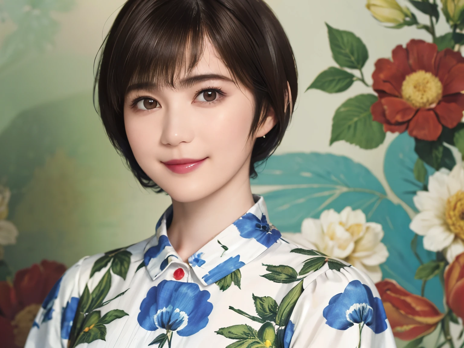 151
(20 year old woman,Floral clothing), (Super realistic), (high resolution), ((beautiful hairstyle 46)), ((short hair:1.46)), (gentle smile), (brest:1.1), (lipstick)