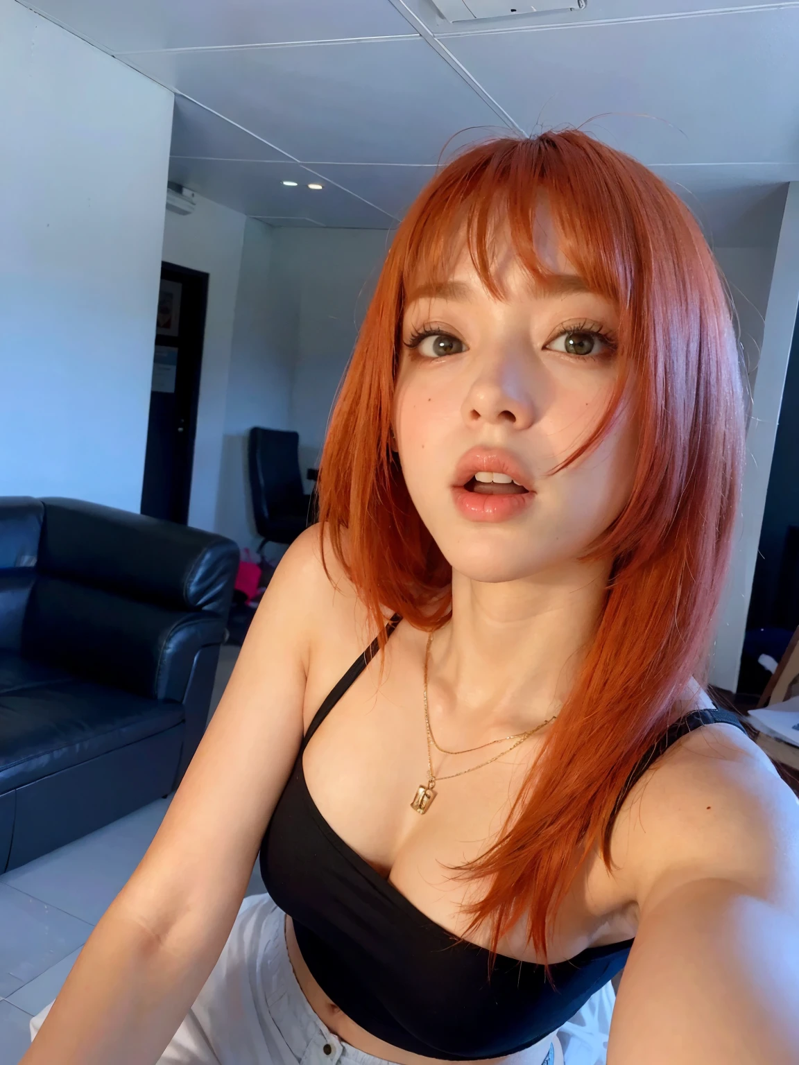 There's a woman with red hair and a black bra top, 18 anos de idade, o corte Hime, cerveja madison como leeloo, ela tem cabelo ruivo, frank lily, Lalisa Manobal, com franja, com franja completa, imagem de perfil, basia tran, 1 6 anos, Bella Poarca, ela tem cabelo longo redoranjado
