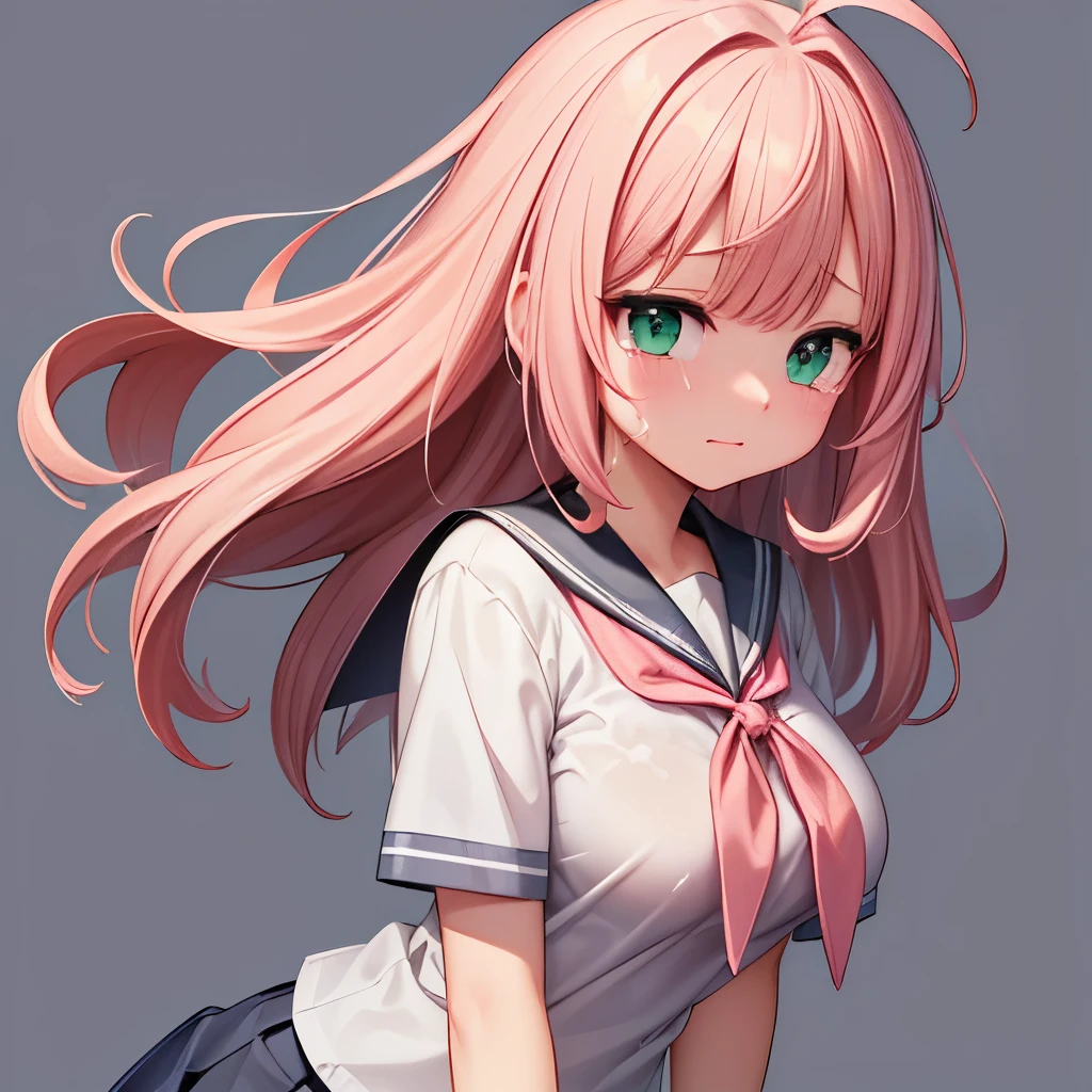 (masterpiece,best quality,detailed,8k,High resolution,hires:1.3),realistic,(centered around the face:1.4),(distance view:1.4),(head to chest),(gray background),light,1girl,(solo),Japanese girl,16yo,colossal breasts,ultra cute girl,bloom,glowing,detailed face and eyes,very pretty face,(green eyes),big eyes,tareme,(ahoge),bangs,pink hair,long hair,curly hair,(school uniform,short sleeve shirt,preated mini skirt),random facial expressions,random pose,from side,(cry),hand up,(wipe tears),