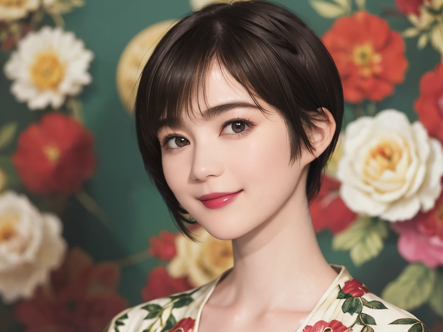 151
(20 year old woman,Floral clothing), (Super realistic), (high resolution), ((beautiful hairstyle 46)), ((short hair:1.46)), (gentle smile), (brest:1.1), (lipstick)
