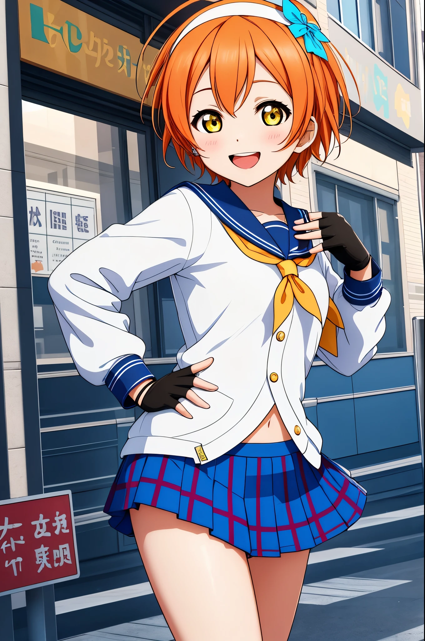 masterpiece, best quality,(hoshizora rin:1.000),  yellow eyes, orange hair, smile, open_mouth, skirt, hair_ornament, gloves, long_sleeves, school_uniform, ahoge, pleated_skirt, hairband, serafuku, fingerless_gloves, star_(symbol), blue_skirt, hand_on_hip, white_hairband, star_hair_ornament, navel 