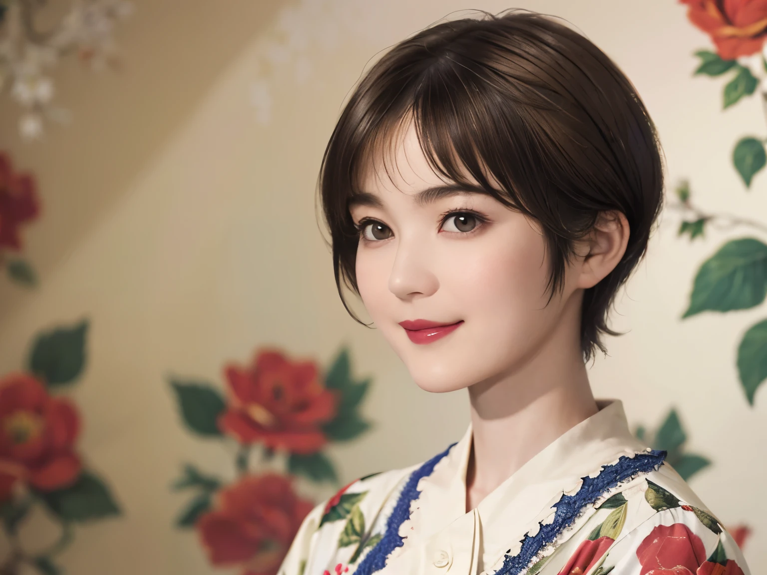 151
(20 year old woman,Floral clothing), (Super realistic), (high resolution), ((beautiful hairstyle 46)), ((short hair:1.46)), (gentle smile), (brest:1.1), (lipstick)