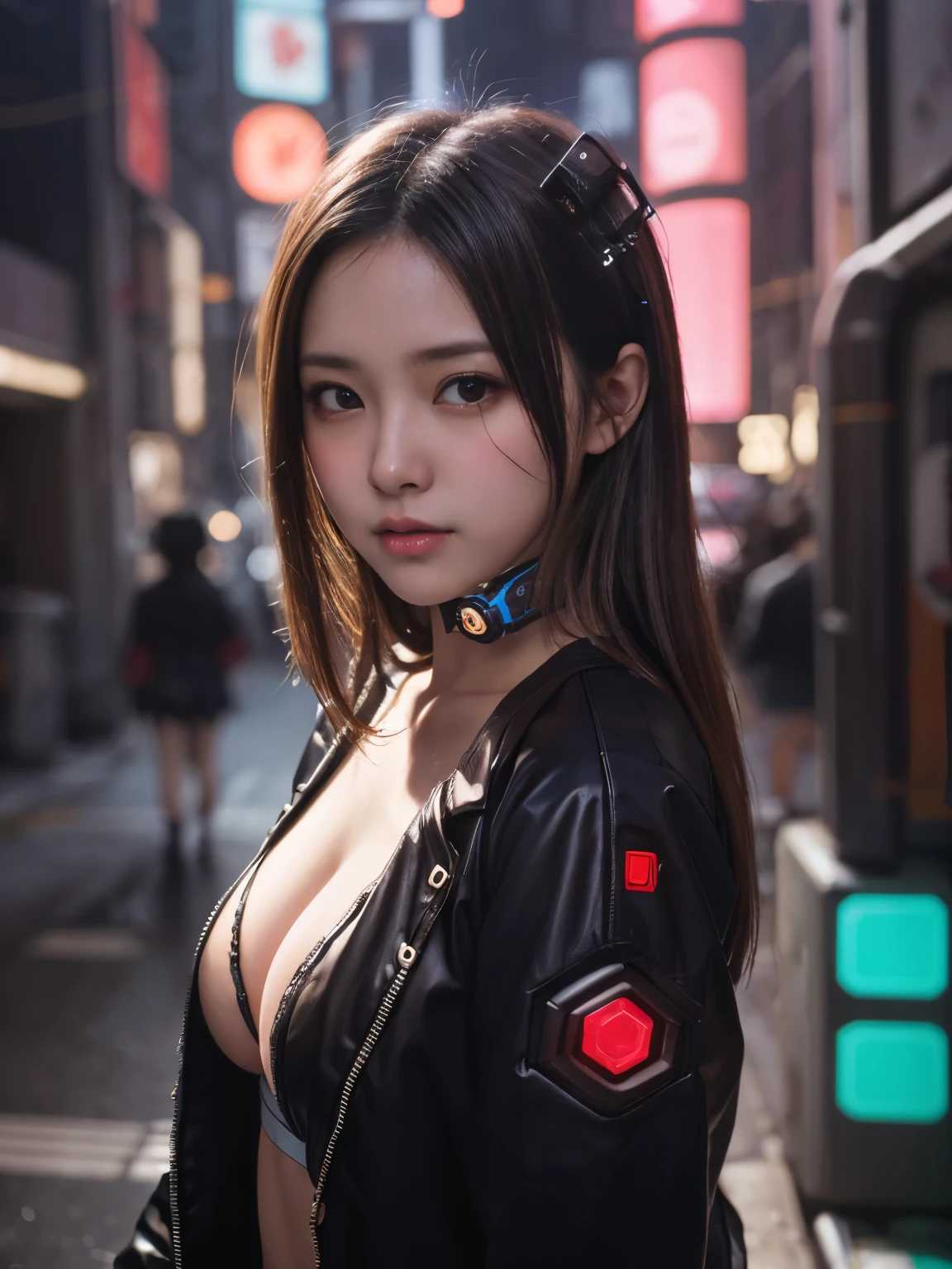 bokeh, masterpiece, analog photo, RAW, beautiful high school girl, Light brown long hair, Light brown beautiful eyes, Blushed face, (Japanese idol:1.5), Medium breast, (cyberpunk:1.5), uniform, Looking at the viewer, cowboy shot, LED lighting cybercity,