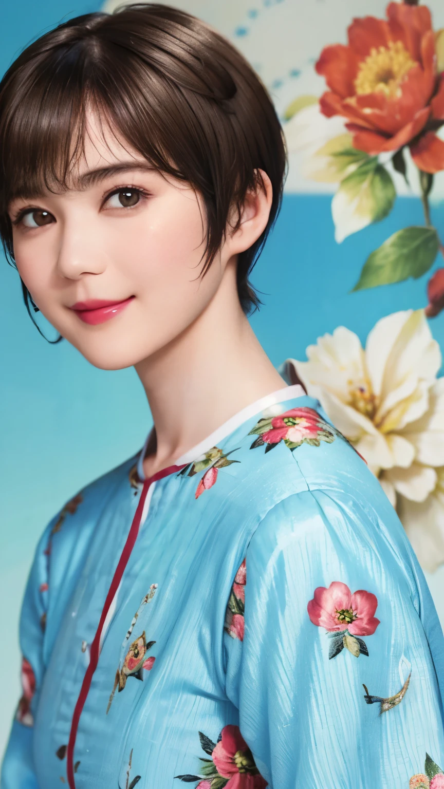 151
(20 year old woman,Floral clothing), (Super realistic), (high resolution), ((beautiful hairstyle 46)), ((short hair:1.46)), (gentle smile), (brest:1.1), (lipstick)