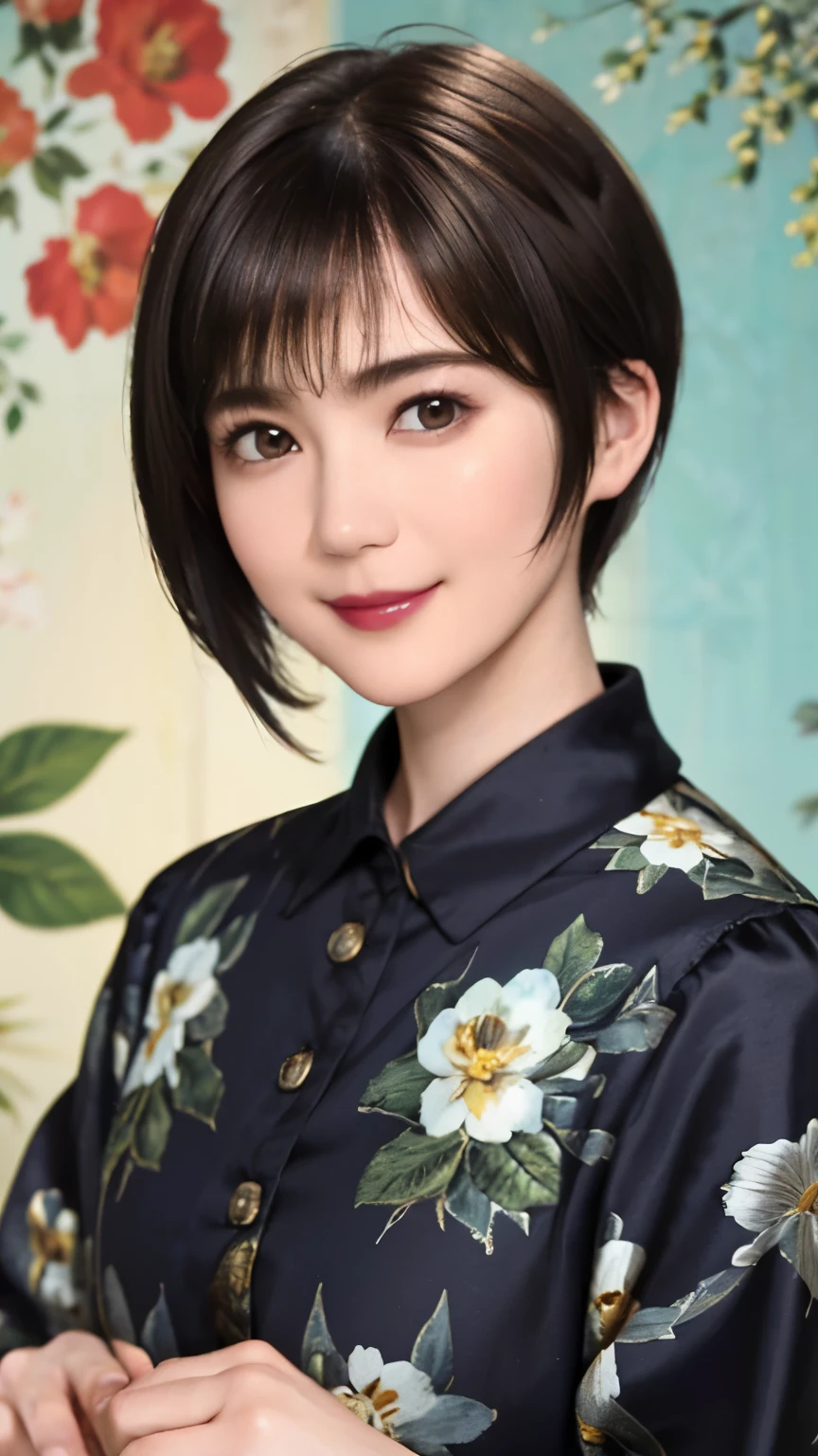 151
(20 year old woman,Floral clothing), (Super realistic), (high resolution), ((beautiful hairstyle 46)), ((short hair:1.46)), (gentle smile), (brest:1.1), (lipstick)