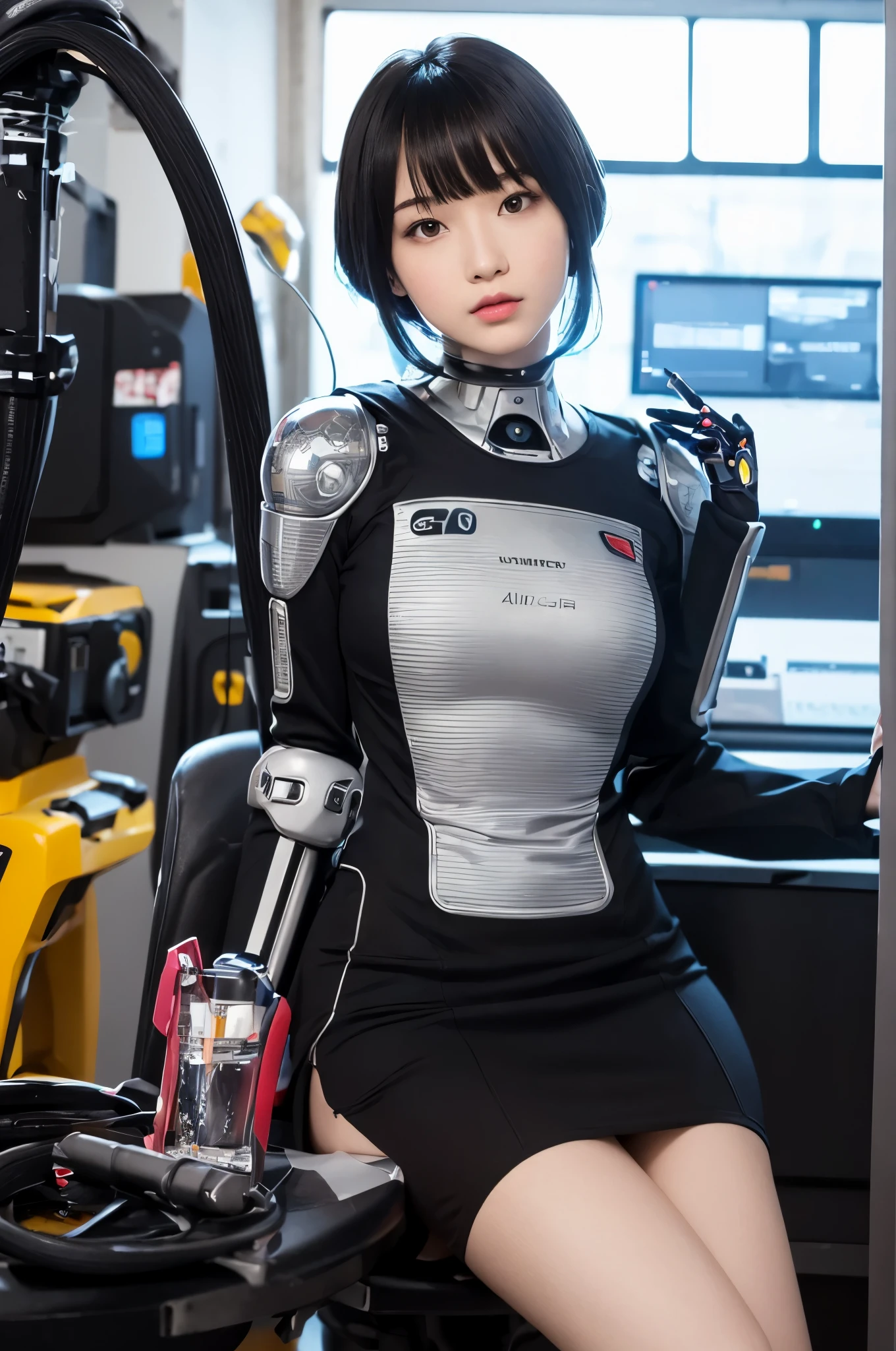 masterpiece, best quality, extremely detailed, Japaese android girl,Plump , control panels,android,Droid,Mechanical Hand, Robot arms and legs, Black hair,Blunt bangs,perfect robot girl,long tube,thick cable connected her neck,android,robot,humanoid,cyborg,japanese cyborg girl ,future laboratory,connecting a cable between the legs,skirt, high socks