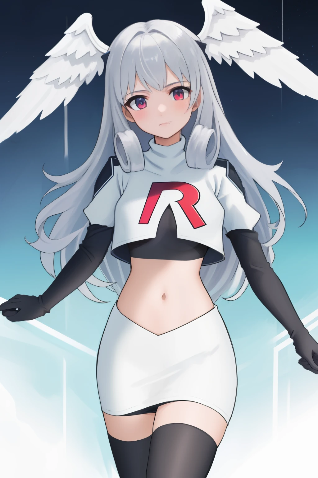 masterpiece, best quality, highly detailed, 1girl, solo,  meliaxc3 head wings, team rocket,team rocket uniform,white skirt,red letter R,crop top,black thigh-highs,black elbow gloves