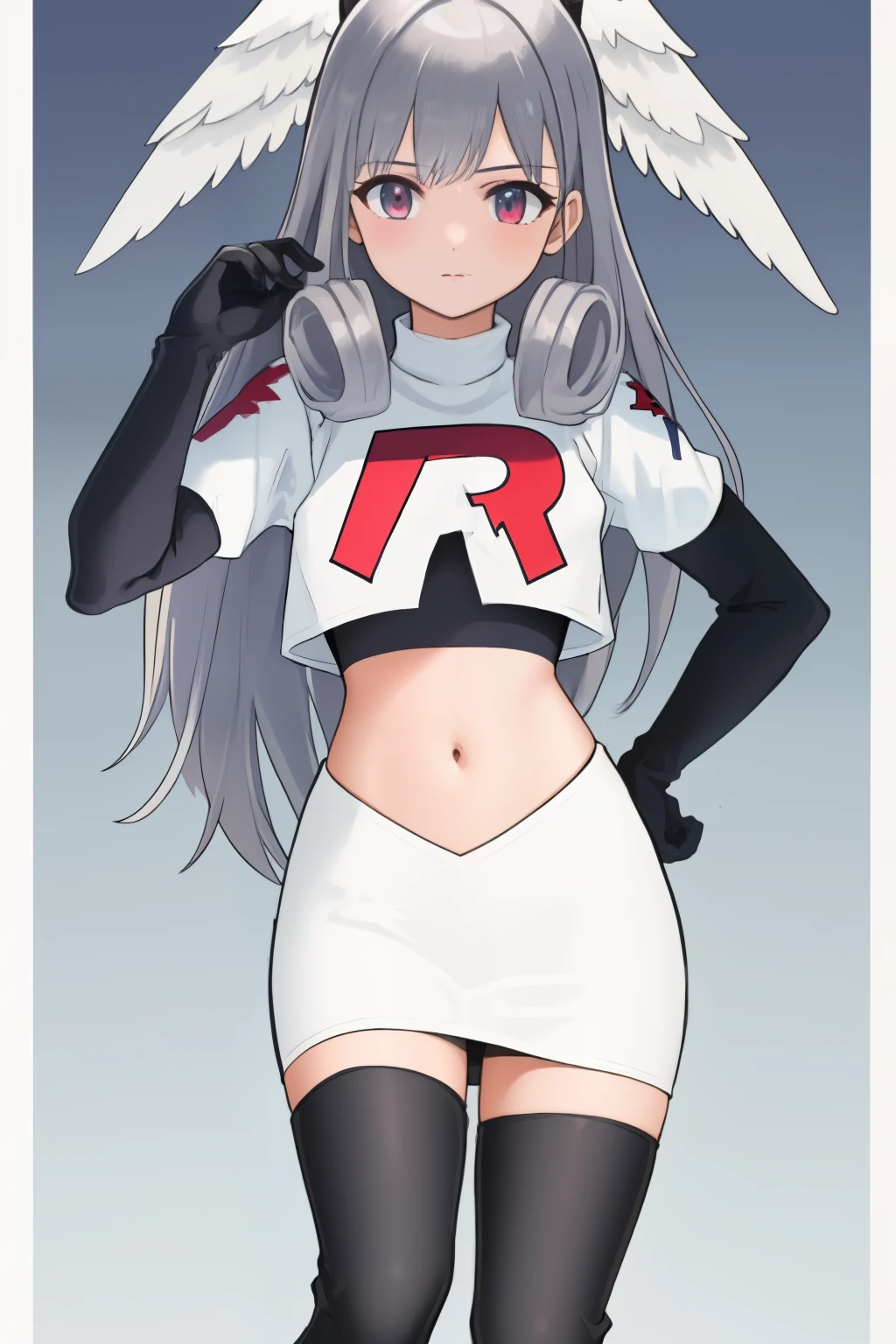 masterpiece, best quality, highly detailed, 1girl, solo,  meliaxc3 head wings, team rocket,team rocket uniform,white skirt,red letter R,crop top,black thigh-highs,black elbow gloves