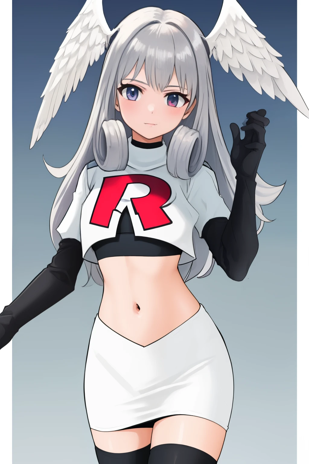 masterpiece, best quality, highly detailed, 1girl, solo,  meliaxc3 head wings, team rocket,team rocket uniform,white skirt,red letter R,crop top,black thigh-highs,black elbow gloves