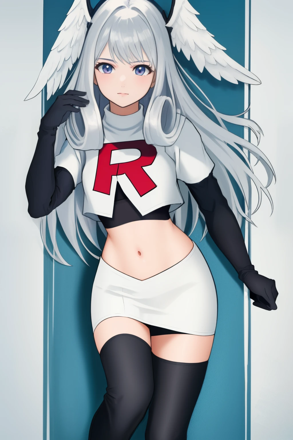 masterpiece, best quality, highly detailed, 1girl, solo, meliaxc3 head wings, team rocket,team rocket uniform,white skirt,red letter R,crop top,black thigh-highs,black elbow gloves