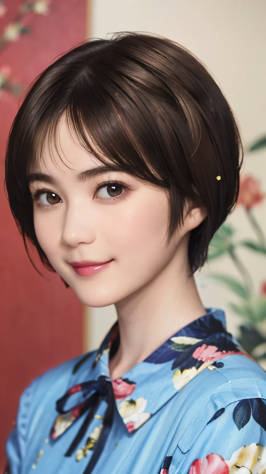 151
(20 year old woman,Floral clothing), (Super realistic), (high resolution), ((beautiful hairstyle 46)), ((short hair:1.46)), (gentle smile), (brest:1.1), (lipstick)
